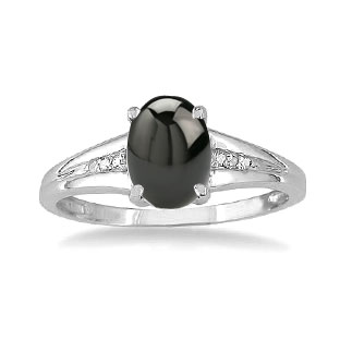 Sterling Silver Oval Cut Natural Black Onyx Diamond Ring