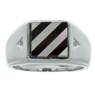 Square Onyx, Mother of Pearl and Diamond Ring In Sterling Silver For Men
