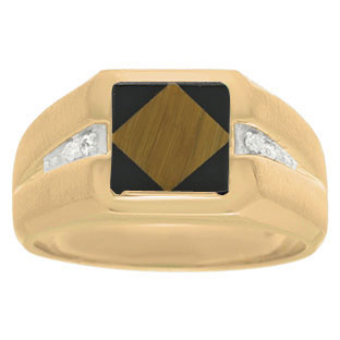 Diamond and Yellow Gold Men's Square Cut Tiger Eye Onyx Ring