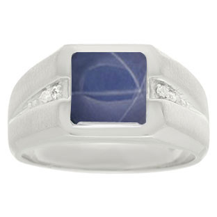 Diamond and White Gold Men's Square Cut Blue Star Sapphire Ring