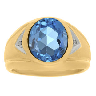 Blue Topaz Ring - Men's Diamond and Blue Topaz Yellow Gold Ring