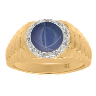 Men's Diamond and Blue Star Sapphire Ring in Yellow Gold