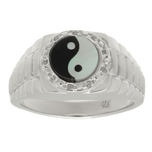 Men's Diamond Onyx Mother-of-Pearl Ying Yang Ring in White Gold