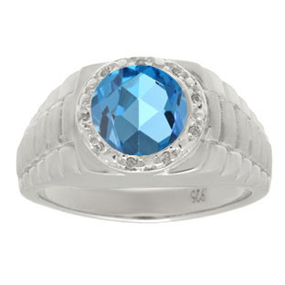 Men's Diamond and Blue Topaz Ring in White Gold