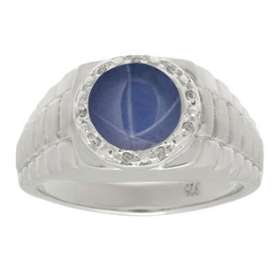 Men's Diamond and Blue Star Sapphire Ring in Sterling Silver