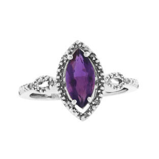 Sterling Silver Marquise Cut Amethyst February Gemstone Diamond Ring