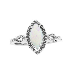 Sterling Silver Marquise Cut Opal October Gemstone Diamond Ring