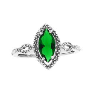 Sterling Silver Marquise Cut Emerald May Gemstone Diamond Ring