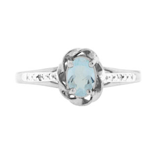 Sterling Silver Diamond Oval Aquamarine March Birthstone Ring