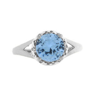 Sterling Silver Round Cut Aquamarine March Gemstone Diamond Ring