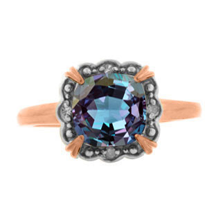 Diamond Cushion-Cut Alexandrite Gemstone Rose Gold Ring By Gemologica