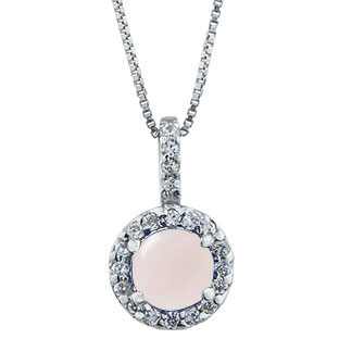 Halo Jewelry - Rose Quartz Birthstone Diamond Halo Pendant In Sterling Silver