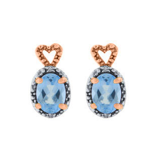 Diamond Oval Blue Topaz December Gemstone Rose Gold Earrings