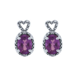 Diamond Oval Amethyst February Gemstone Sterling Silver Earrings