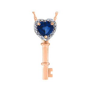 Diamond Blue Sapphire Heart Shaped Rose Gold Key Pendant