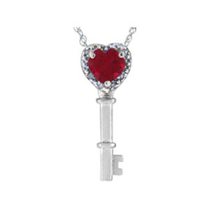 Diamond Red Ruby Heart Shaped Sterling Silver Key Pendant