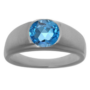 Men's Black Rhodium Plated White Gold Rings - Round Cut Blue Topaz Man Ring