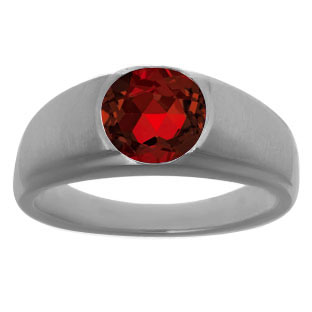 Men's Black Rhodium Plated White Gold Rings - Round Cut Garnet Man Ring