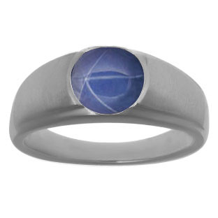 Men's Black Rhodium Plated White Gold Rings - Round Cut Blue Star Sapphire Man R
