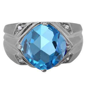 Large Diamond Black Rhodium Plated White Gold Men's Blue Topaz Ring