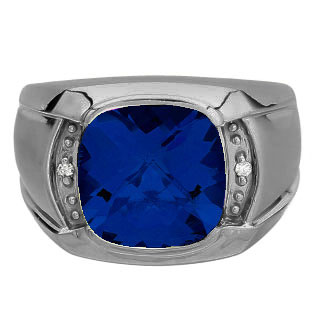 Big Men's Diamond Cushion Cut Sapphire Black Rhodium Plated White Gold Ring