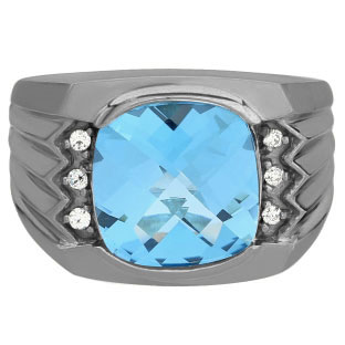 Large Men's Cushion Cut Blue Topaz Diamond Black Rhodium Plated White Gold Ring