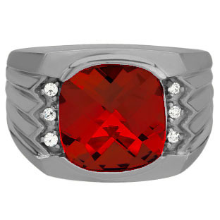 Large Men's Cushion Cut Ruby Diamond Black Rhodium Plated White Gold Ring