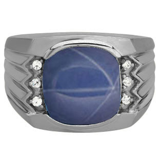 Large Men's Cushion Cut Star Sapphire Diamond Black Rhodium Plated White Gold Ri