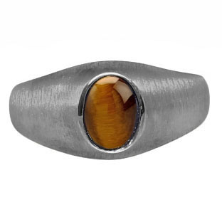 Black Rhodium Plated White Gold Pinky Ring For Men Oval Tiger Eye Gemstone