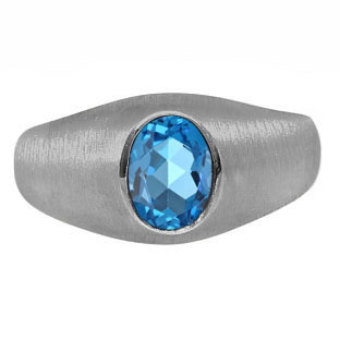 Black Rhodium Plated White Gold Pinky Ring For Men Oval Blue Topaz Gemstone