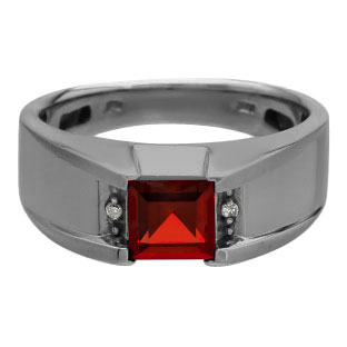 Diamond and Square Garnet Men's Black Rhodium Plated White Gold Ring