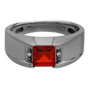 Diamond and Square Ruby Men's Black Rhodium Plated White Gold Ring