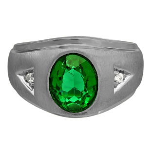 Diamond and Oval Emerald Gemstone Men's Black Rhodium Plated White Gold Ring