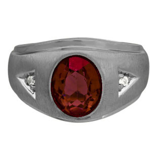 Diamond and Oval Garnet Gemstone Men's Black Rhodium Plated White Gold Ring