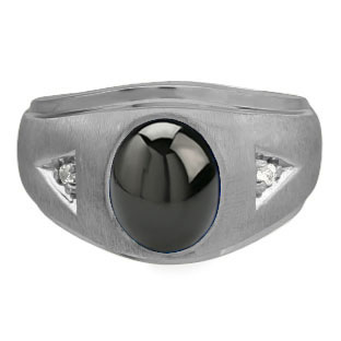 Diamond and Oval Black Star Sapphire Gemstone Men's Black Rhodium Plated White G