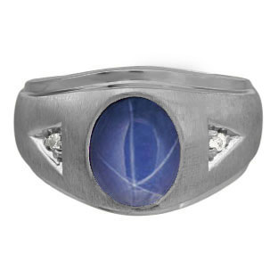 Diamond and Oval Blue Star Sapphire Gemstone Men's Black Rhodium Plated White Go