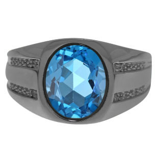 Oval-Cut Blue Topaz Men's Ring In Black Rhodium Plated White Gold