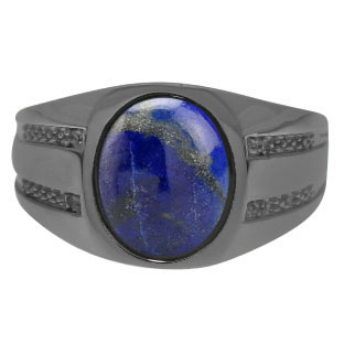 Oval-Cut Lapis Men's Ring In Black Rhodium Plated White Gold