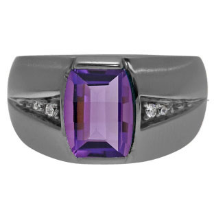 Custom Made Men's Barrel Amethyst Diamond Ring In Black Rhodium Plated White Gol
