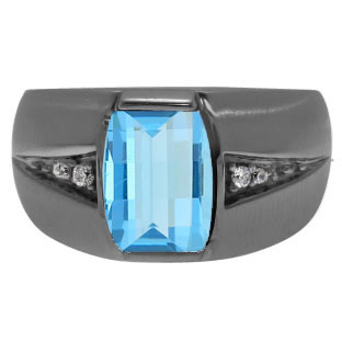 Custom Made Men's Barrel Blue Topaz Diamond Ring In Black Rhodium White Gold