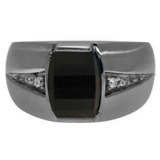 Custom Made Men's Barrel Onyx Diamond Ring In Black Rhodium Plated White Gold