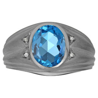Oval Blue Topaz Birthstone Diamond Men's Ring In Black Rhodium Plated White Gold