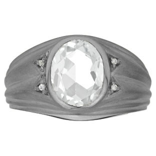Oval White Topaz Birthstone Diamond Men's Ring In Black Rhodium Plated White Gol