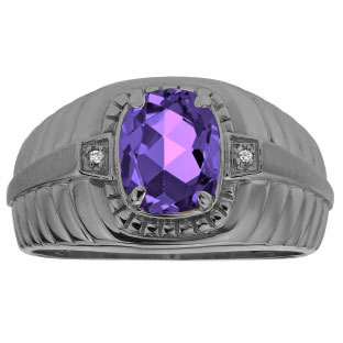 Cushion Amethyst Stone Diamond Men's Ring In Black Rhodium Plated White Gold