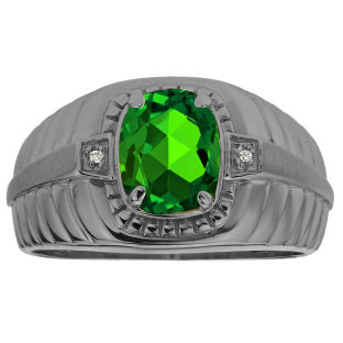 Cushion Emerald Stone Diamond Men's Ring In Black Rhodium Plated White Gold