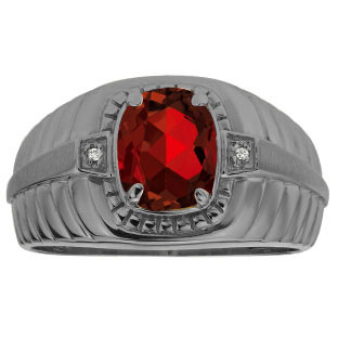 Cushion Garnet Stone Diamond Men's Ring In Black Rhodium Plated White Gold
