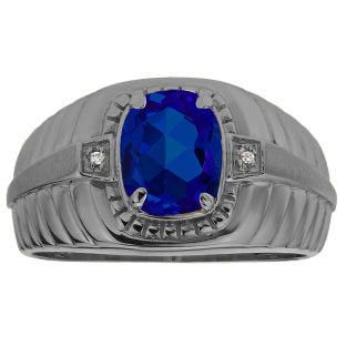 Cushion Sapphire Stone Diamond Men's Ring In Black Rhodium Plated White Gold