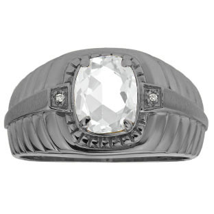 Cushion White Topaz Stone Diamond Men's Ring In Black Rhodium Plated White Gold