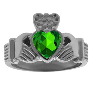 Emerald Irish Claddagh Men's Wedding Ring In Black Rhodium Plated White Gold