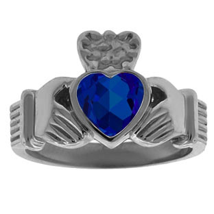 Blue Sapphire Irish Claddagh Men's Wedding Ring In Black Rhodium Plated White Go